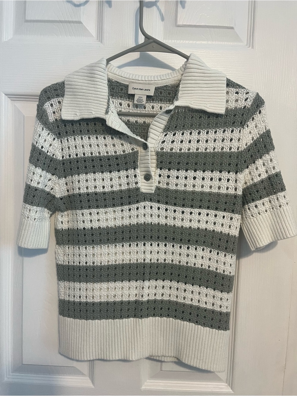 Calvin Klein Jeans Crochet Stripe Polo Sweater - White & Sage Green